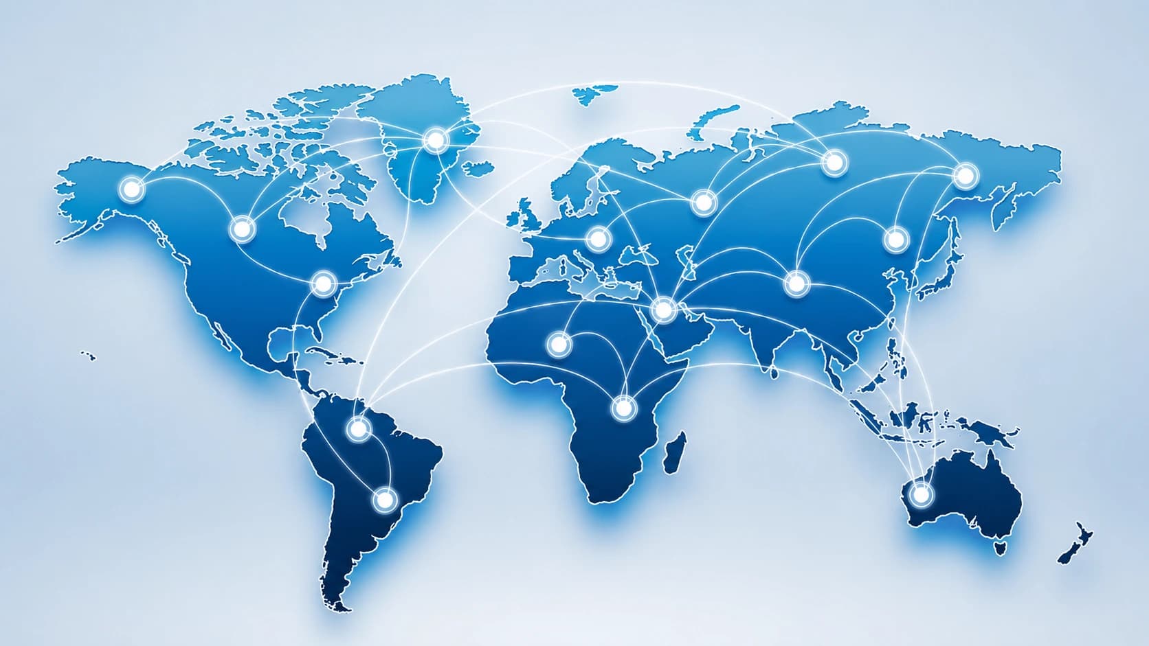 A world map showing connected network nodes across continents